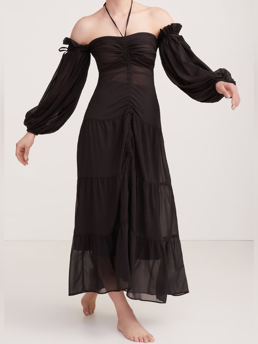 SLEEPING WITH JACQUES Brontë Silk Chiffon Ruched Milkmaid Balloon Dress 📐L/US8